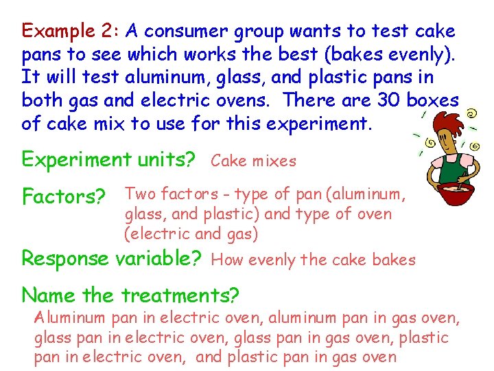 Example 2: A consumer group wants to test cake pans to see which works