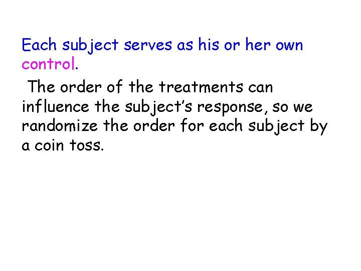 Each subject serves as his or her own control. The order of the treatments