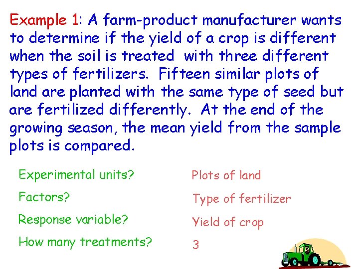 Example 1: A farm-product manufacturer wants to determine if the yield of a crop