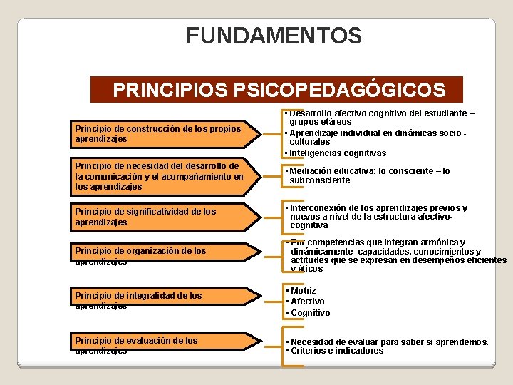 FUNDAMENTOS PRINCIPIOS PSICOPEDAGÓGICOS Principio de construcción de los propios aprendizajes • Desarrollo afectivo cognitivo