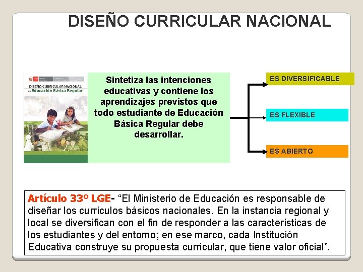 DISEÑO CURRICULAR NACIONAL Sintetiza las intenciones educativas y contiene los aprendizajes previstos que todo