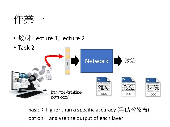 作業一 • 教材: lecture 1, lecture 2 • Task 2 http: //top-breakingnews. com/ Network