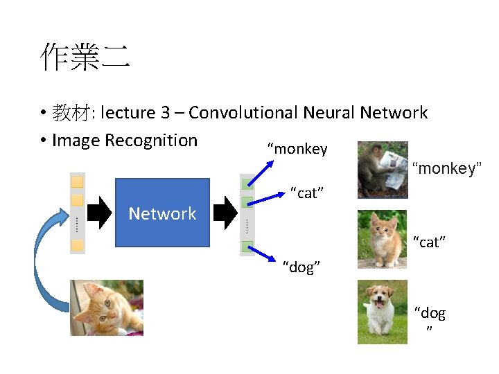 作業二 • 教材: lecture 3 – Convolutional Neural Network • Image Recognition “monkey ”