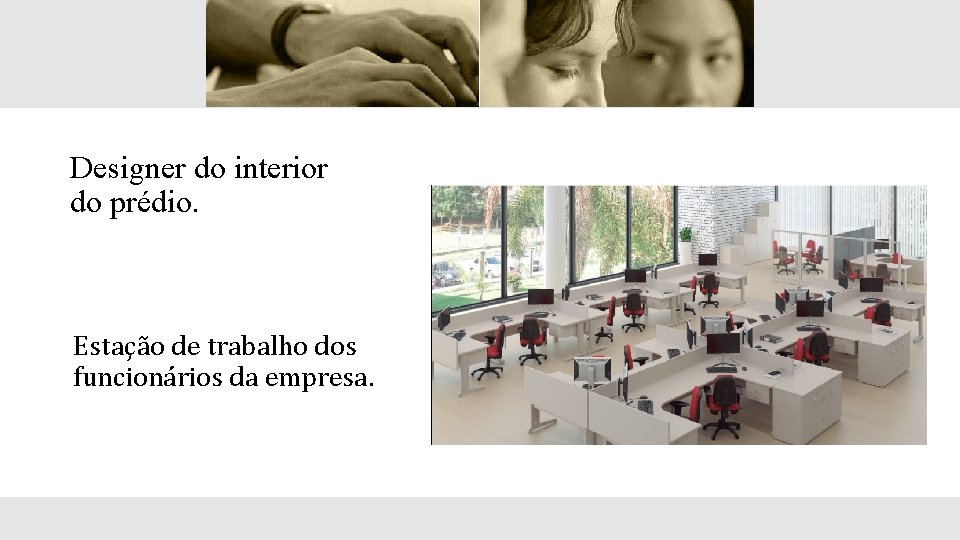 Designer do interior do prédio. Estação de trabalho dos funcionários da empresa. 