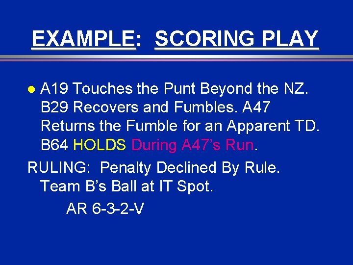 EXAMPLE: SCORING PLAY A 19 Touches the Punt Beyond the NZ. B 29 Recovers
