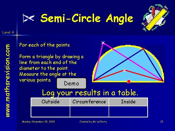 Semi-Circle Angle www. mathsrevision. com Level 4 x For each of the points Form