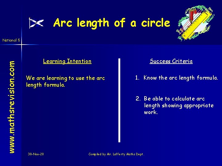 Arc length of a circle www. mathsrevision. com National 5 Learning Intention We are