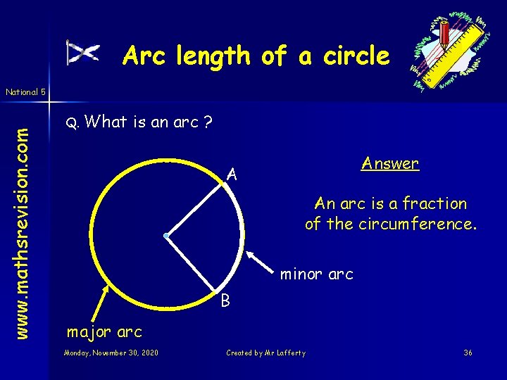 Arc length of a circle www. mathsrevision. com National 5 Q. What is an