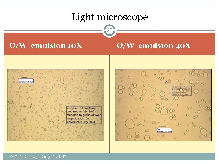 Light microscope 22 O/W emulsion 10 X PHM 3133 Dosage Design 1 2010/11 O/W
