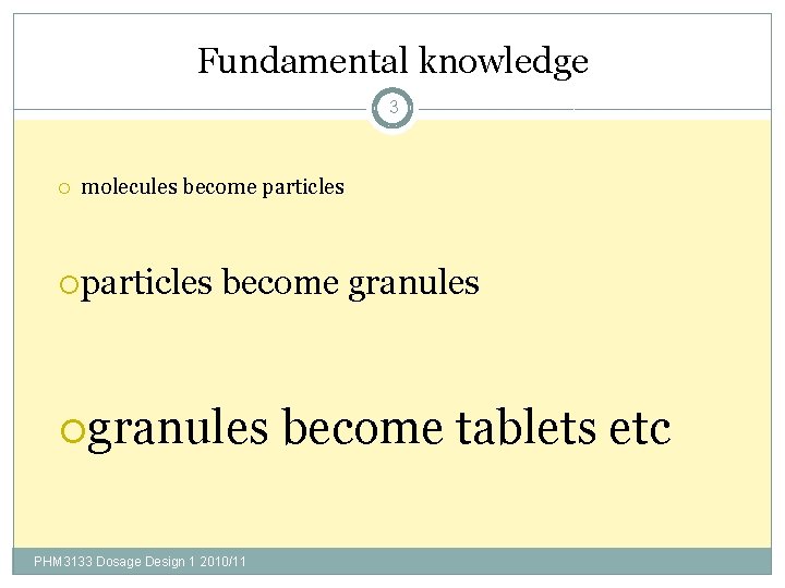 Fundamental knowledge 3 molecules become particles become granules PHM 3133 Dosage Design 1 2010/11