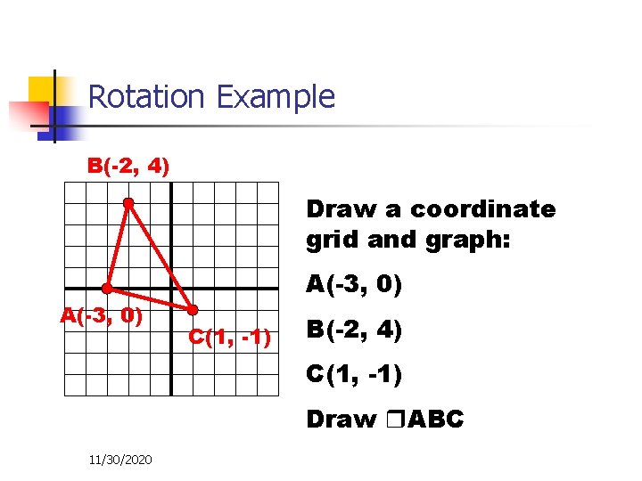 Rotation Example B(-2, 4) Draw a coordinate grid and graph: A(-3, 0) C(1, -1)