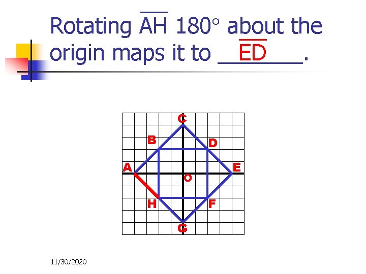 Rotating AH 180 about the origin maps it to _______. ED C B A