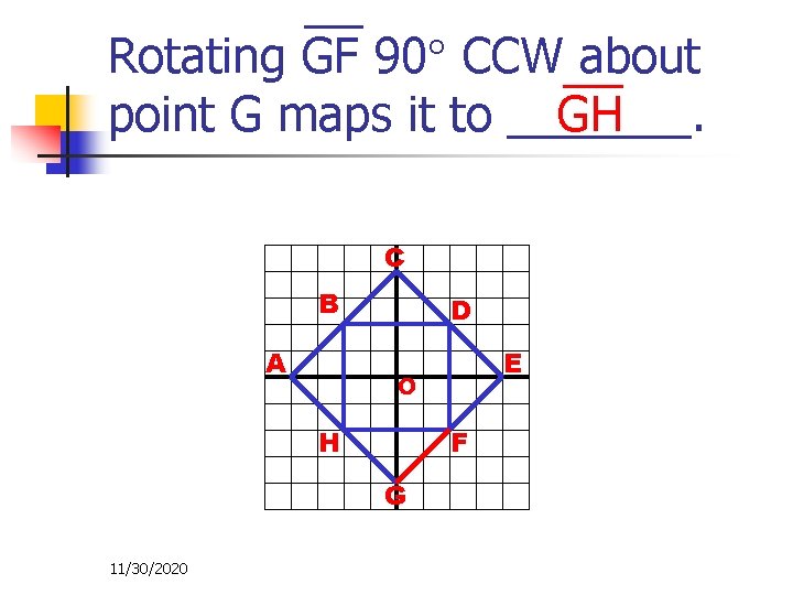 Rotating GF 90 CCW about GH point G maps it to _______. C B