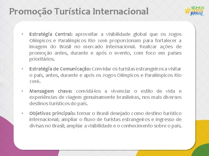 Promoção Turística Internacional • Estratégia Central: aproveitar a visibilidade global que os Jogos Olímpicos