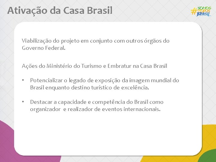 Ativação da Casa Brasil Viabilização do projeto em conjunto com outros órgãos do Governo