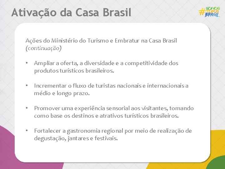 Ativação da Casa Brasil Ações do Ministério do Turismo e Embratur na Casa Brasil