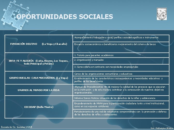 OPORTUNIDADES SOCIALES Acompañamiento trabajadora social/ perfiles sociodemográficos e instrumentos FUNDACIÓN DELFINO (La Vega y