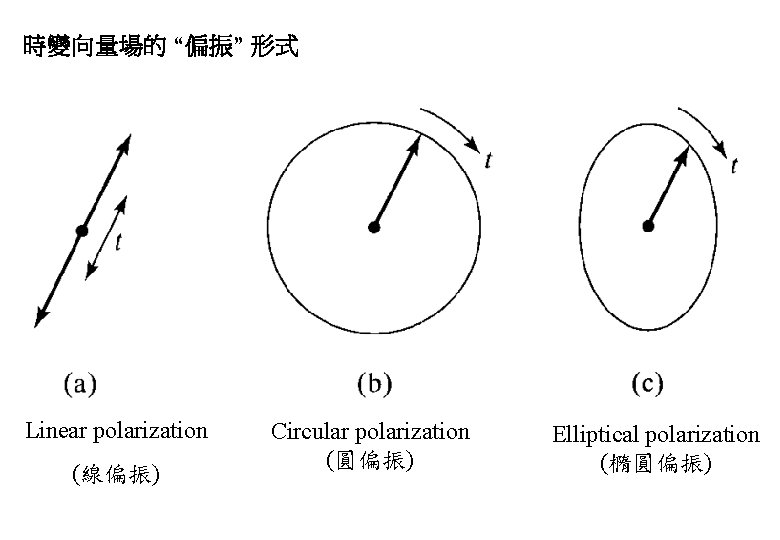 時變向量場的 “偏振” 形式 Linear polarization (線偏振) Circular polarization (圓偏振) Elliptical polarization (橢圓偏振) 