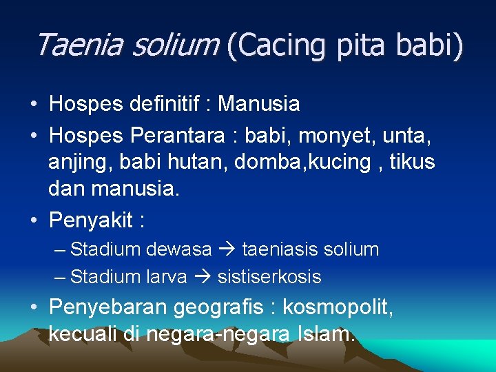 Taenia solium (Cacing pita babi) • Hospes definitif : Manusia • Hospes Perantara :