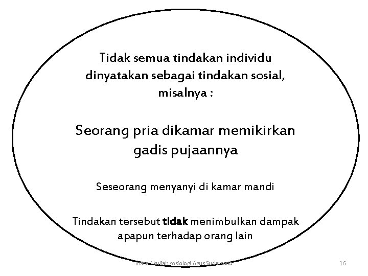 Tidak semua tindakan individu dinyatakan sebagai tindakan sosial, misalnya : Seorang pria dikamar memikirkan