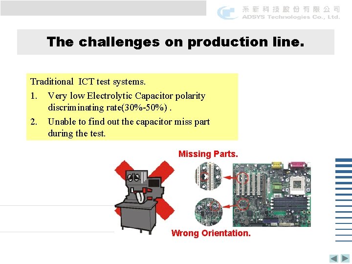 The challenges on production line. Traditional ICT test systems. 1. Very low Electrolytic Capacitor