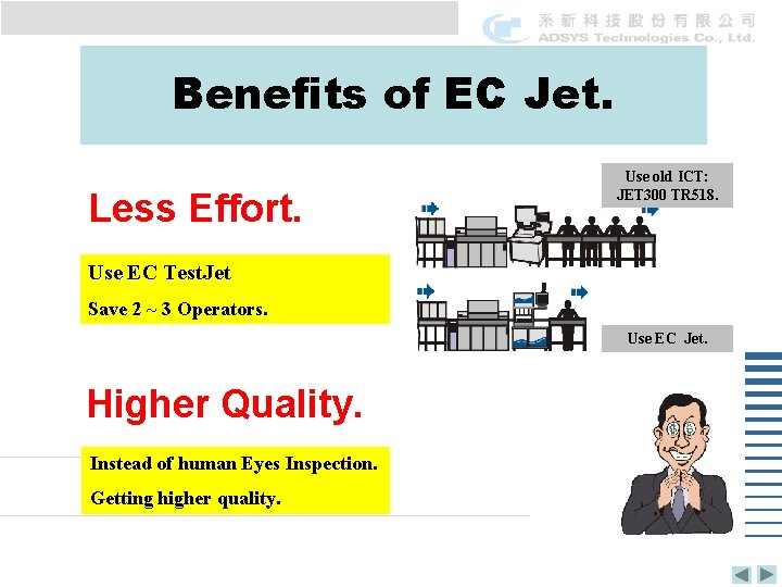 Benefits of EC Jet. Less Effort. Use old ICT: JET 300 TR 518. Use