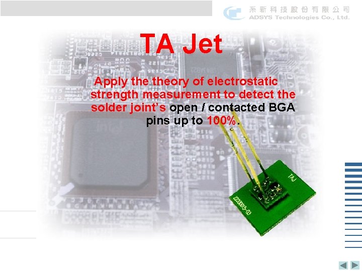 TA Jet Apply theory of electrostatic strength measurement to detect the solder joint’s open