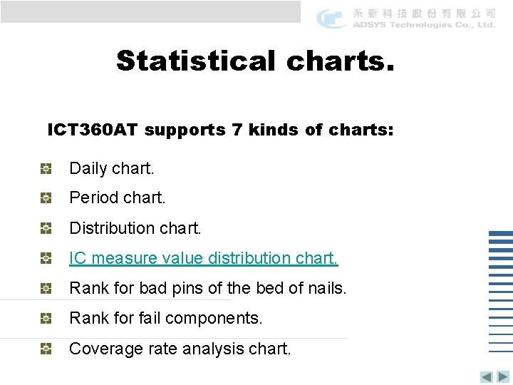Statistical charts. ICT 360 AT supports 7 kinds of charts: Daily chart. Period chart.