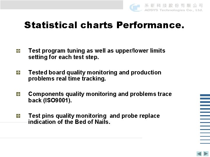 Statistical charts Performance. Test program tuning as well as upper/lower limits setting for each