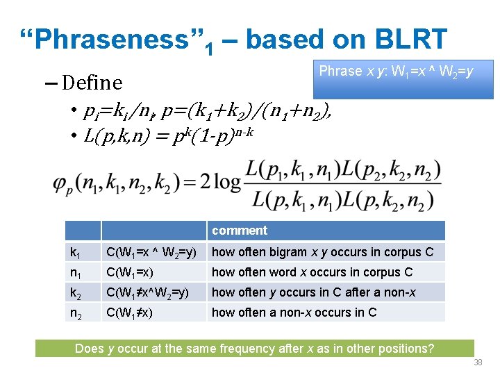 “Phraseness” 1 – based on BLRT Phrase x y: W 1=x ^ W 2=y