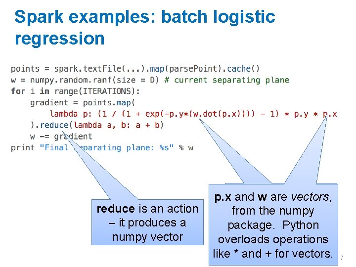 Spark examples: batch logistic regression reduce is an action – it produces a numpy