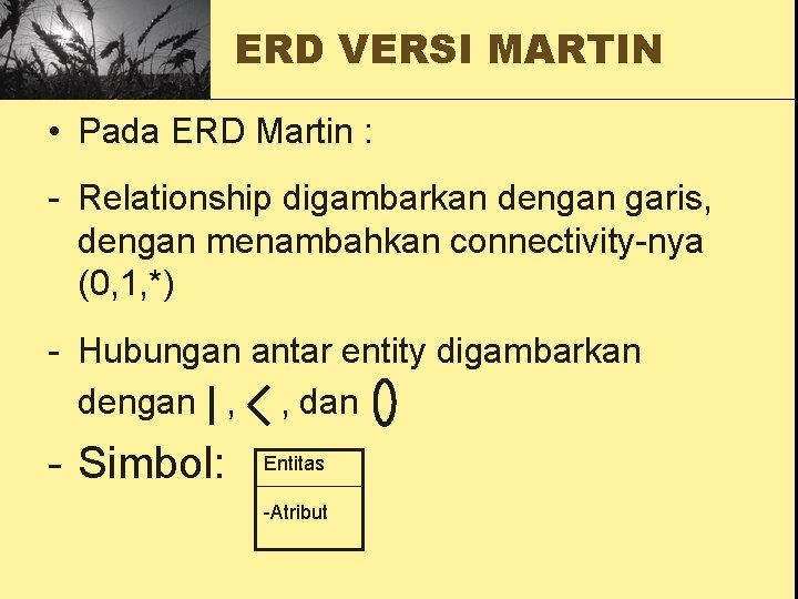 ERD VERSI MARTIN • Pada ERD Martin : - Relationship digambarkan dengan garis, dengan