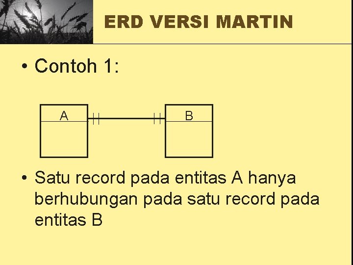 ERD VERSI MARTIN • Contoh 1: A B • Satu record pada entitas A