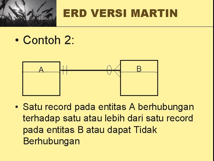 ERD VERSI MARTIN • Contoh 2: A B • Satu record pada entitas A