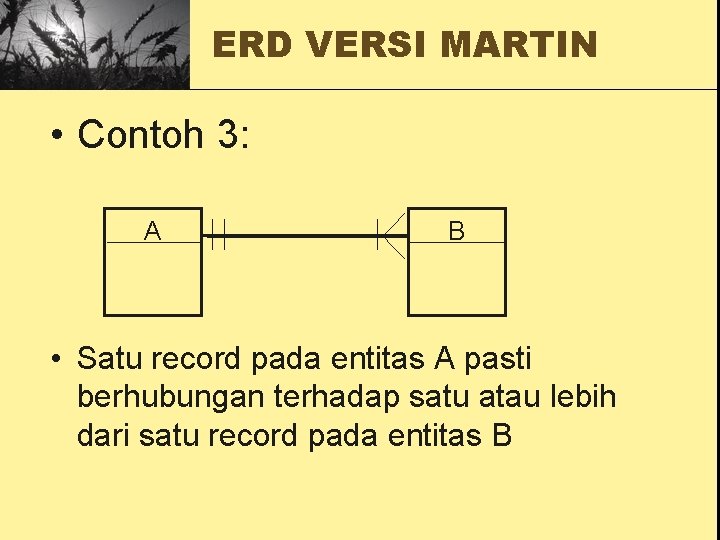 ERD VERSI MARTIN • Contoh 3: A B • Satu record pada entitas A