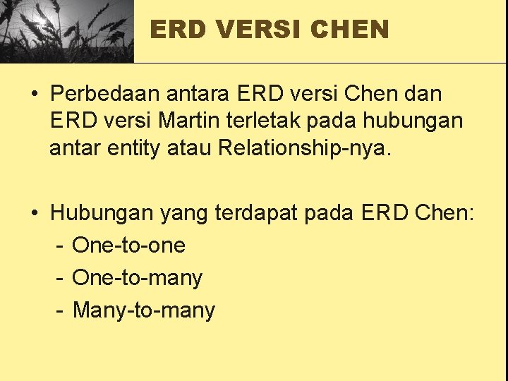 ERD VERSI CHEN • Perbedaan antara ERD versi Chen dan ERD versi Martin terletak