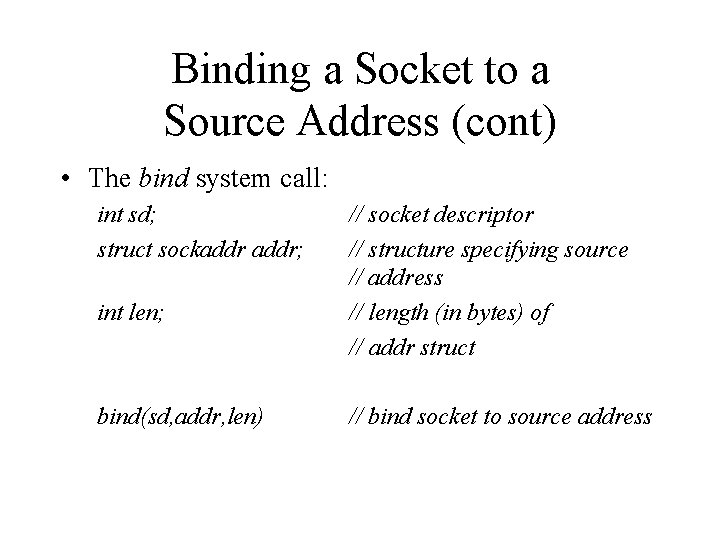 Binding a Socket to a Source Address (cont) • The bind system call: int