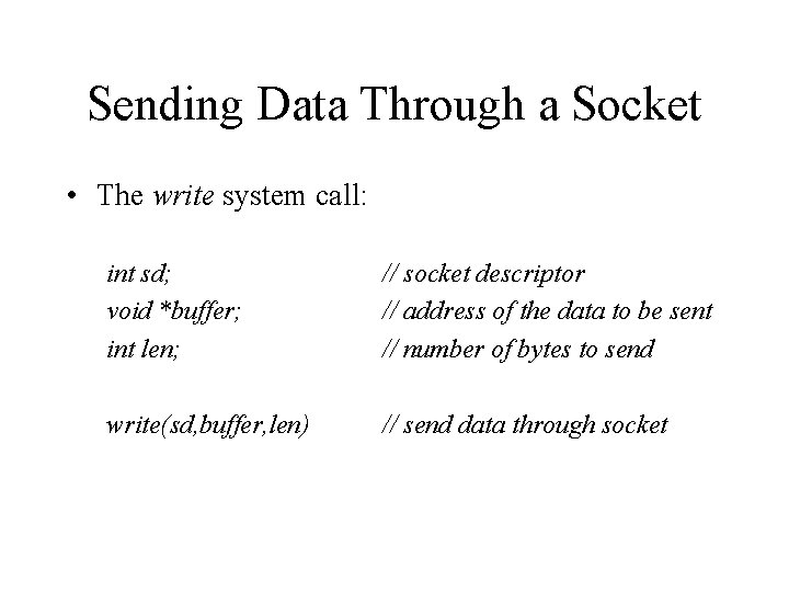 Sending Data Through a Socket • The write system call: int sd; void *buffer;