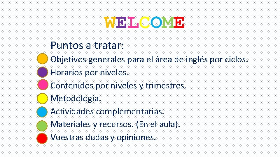 WELCOME Puntos a tratar: Objetivos generales para el área de inglés por ciclos. Horarios