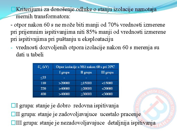 �Kriterijumi za donošenje odluke o stanju izolacije namotaja mernih transformatora: - otpor nakon 60