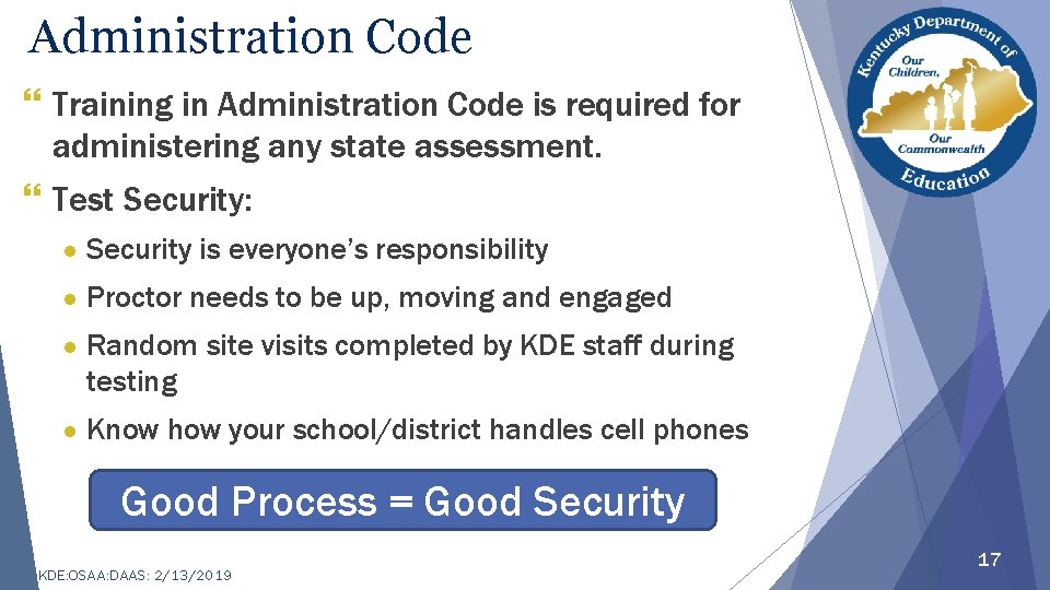 Administration Code } Training in Administration Code is required for administering any state assessment.