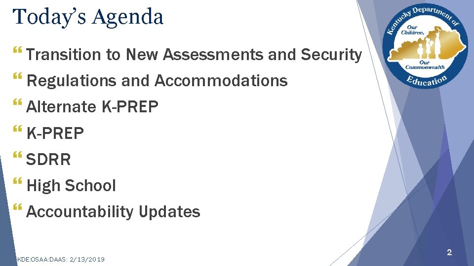 Today’s Agenda } Transition to New Assessments and Security } Regulations and Accommodations }