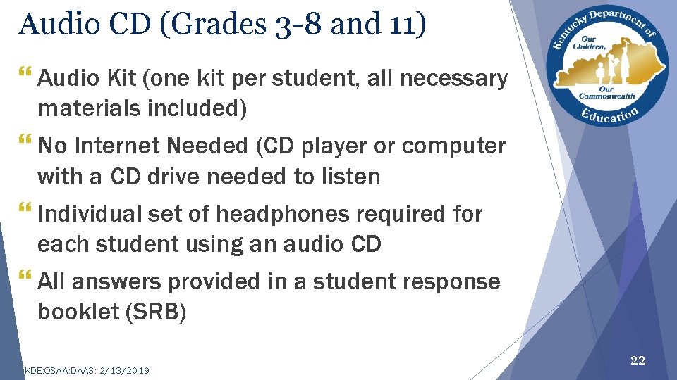 Audio CD (Grades 3 -8 and 11) } Audio Kit (one kit per student,