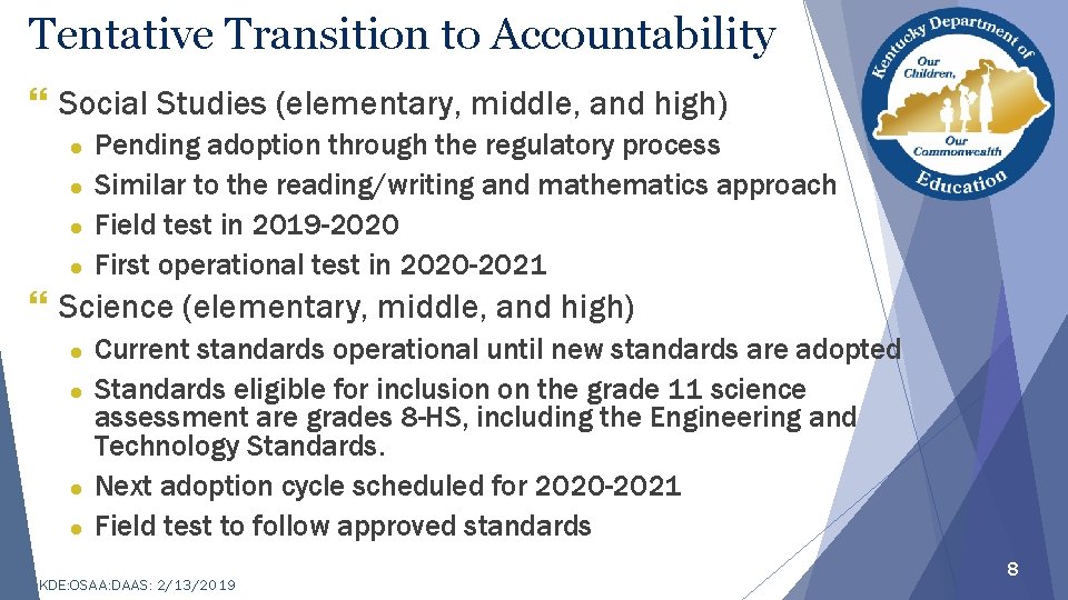 Tentative Transition to Accountability } Social Studies (elementary, middle, and high) Pending adoption through