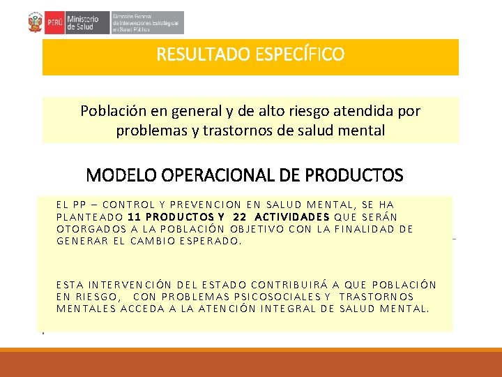 RESULTADO ESPECÍFICO Población en general y de alto riesgo atendida por problemas y trastornos RESULTADO ESPECÍFICO Población en general y de alto riesgo atendida por problemas y trastornos