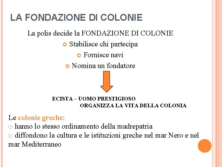 LA FONDAZIONE DI COLONIE La polis decide la FONDAZIONE DI COLONIE Stabilisce chi partecipa