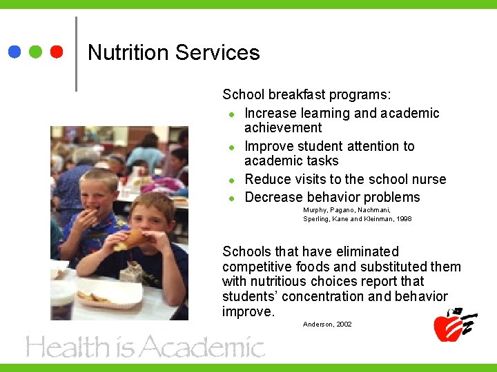 Nutrition Services School breakfast programs: l Increase learning and academic achievement l Improve student