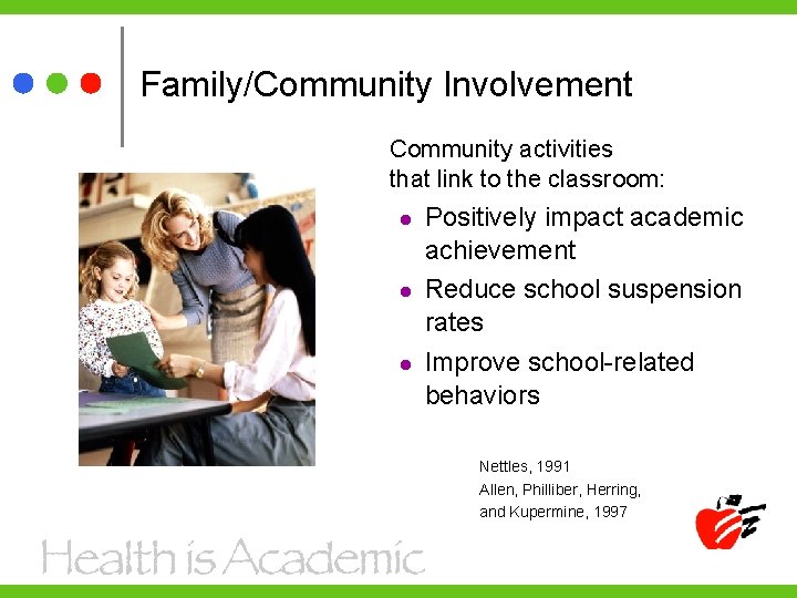 Family/Community Involvement Community activities that link to the classroom: l l l Positively impact