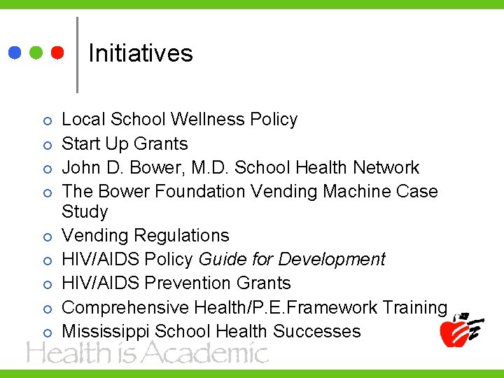 Initiatives Local School Wellness Policy Start Up Grants John D. Bower, M. D. School