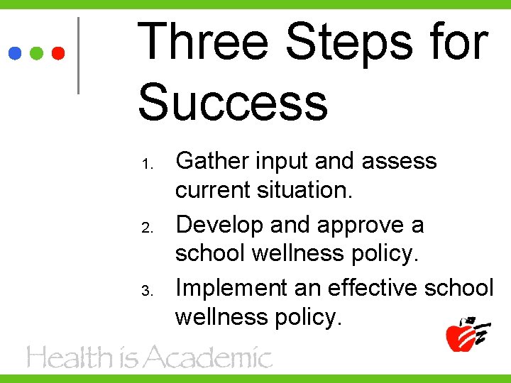 Three Steps for Success 1. 2. 3. Gather input and assess current situation. Develop